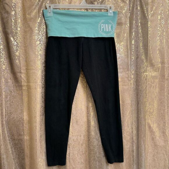 PINK Victorias Secret Y2K Black Aqua Foldover Yoga Pants Medium - Picture 1 of 4